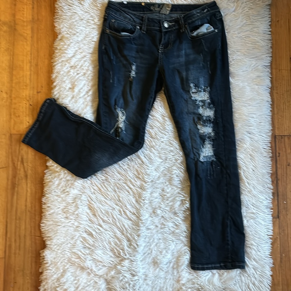 Red Rivet distressed straight legs washed dark denim jeans pants